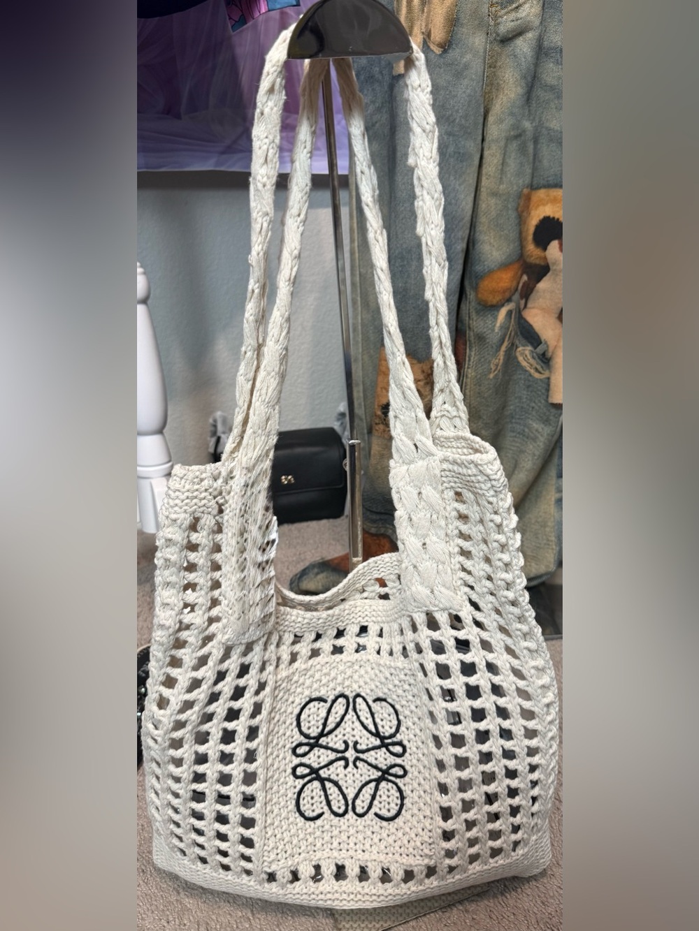 Cream Crochet Tote Bag with Black Embroidered Motif